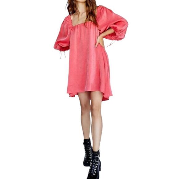 Free People Mara Mini Dress Women's Shimmering Boho Tunic Pink Balloon Sleeves M